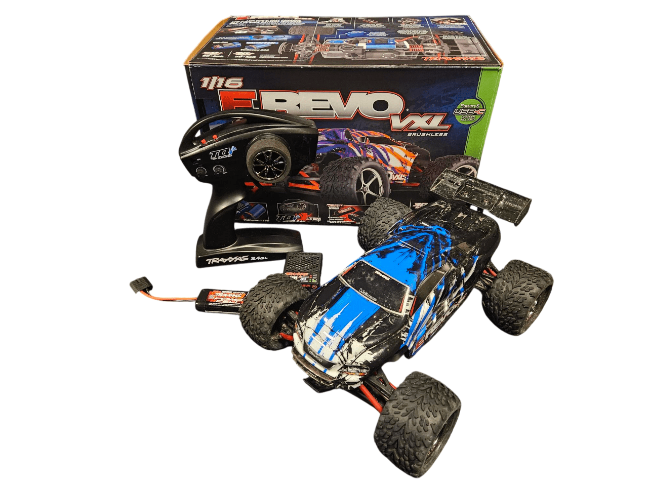 Tweedehands Traxxas E-Revo 1/16 VXL brushless truggy RTR - Blauw