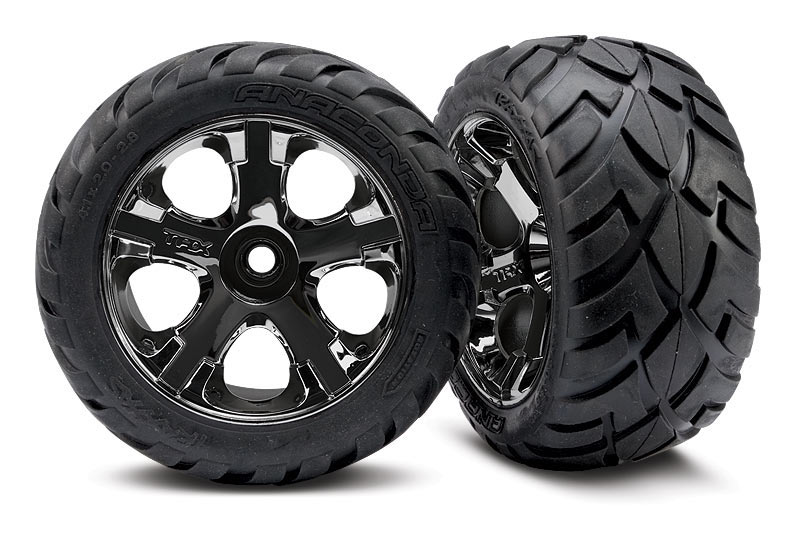 Tires & wheels, assembled, glued (all-star black chrome wheels, anaconda tires, foam inserts) (nitro rear/ electric front) (1 left, 1 right)