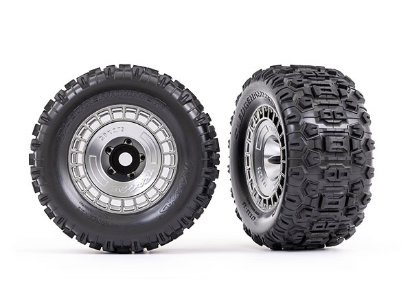 Traxxas - Tires and wheels, assembled, glued (3.8" satin chrome wheels, satin chrome wheel covers, Sledgehammer tires, foam inserts) (2) (TRX-9572X)