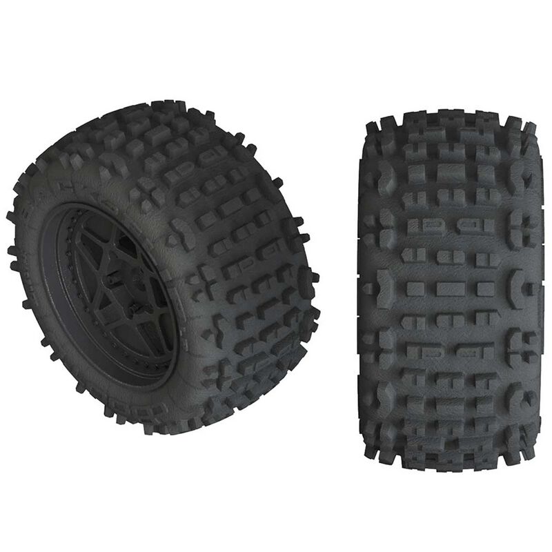 Arrma - 1/10 dBoots Backflip LP Front/Rear 3.8 Pre-Mounted Tires, 17mm Hex, Black (2): 4S (AR550050)