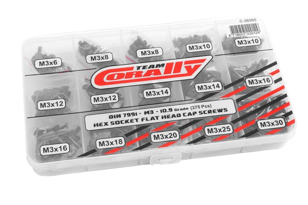 Team Corally - Flat Head Hex schroeven set M3 - Zwart (375 pcs)