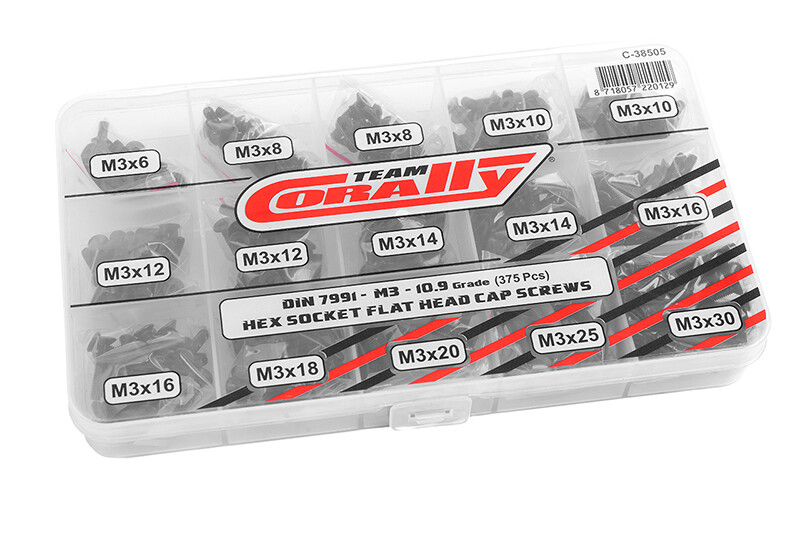 Team Corally - Flat Head Hex schroeven set M3 - Zwart (375 pcs)