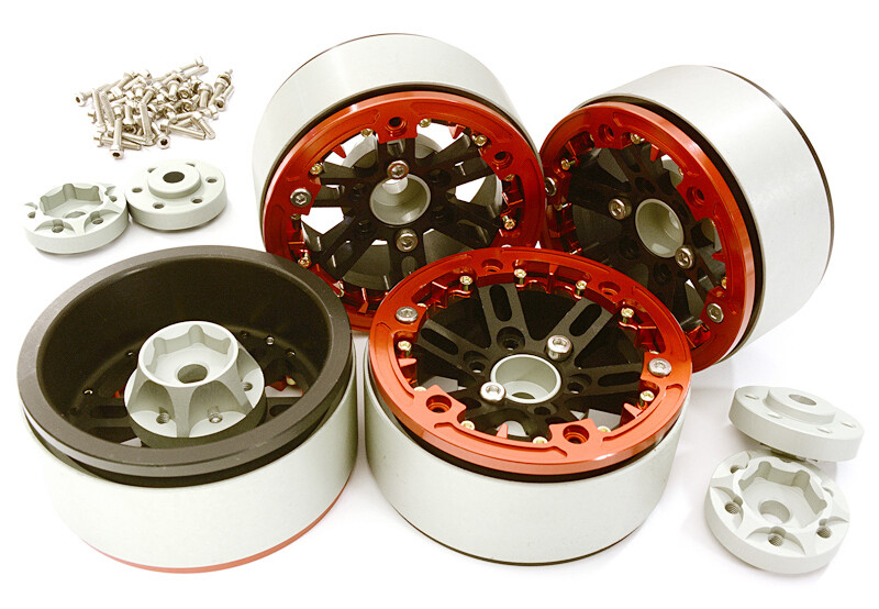 Billet Machined 1.9 D6 Spoke Wheels w/ 0 & +3 Adapters, Black/Red - Traxxas TRX-4