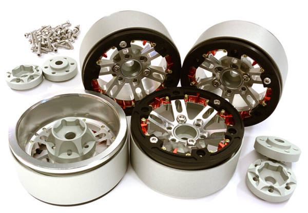 Billet Machined 1.9 D6 Spoke Wheels w/ 0 & +3 Adapters, Silver/Black - Traxxas TRX-4