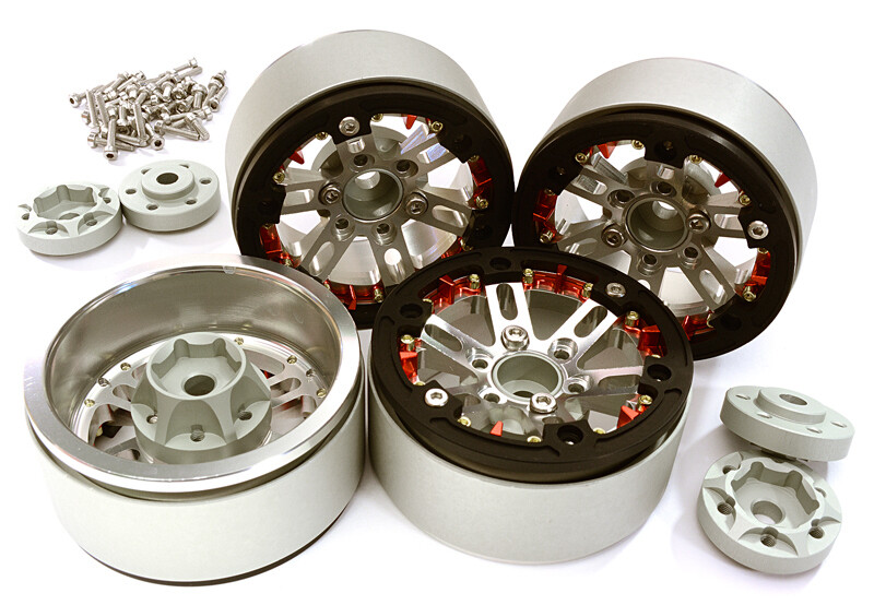 Billet Machined 1.9 D6 Spoke Wheels w/ 0 & +3 Adapters, Silver/Black - Traxxas TRX-4