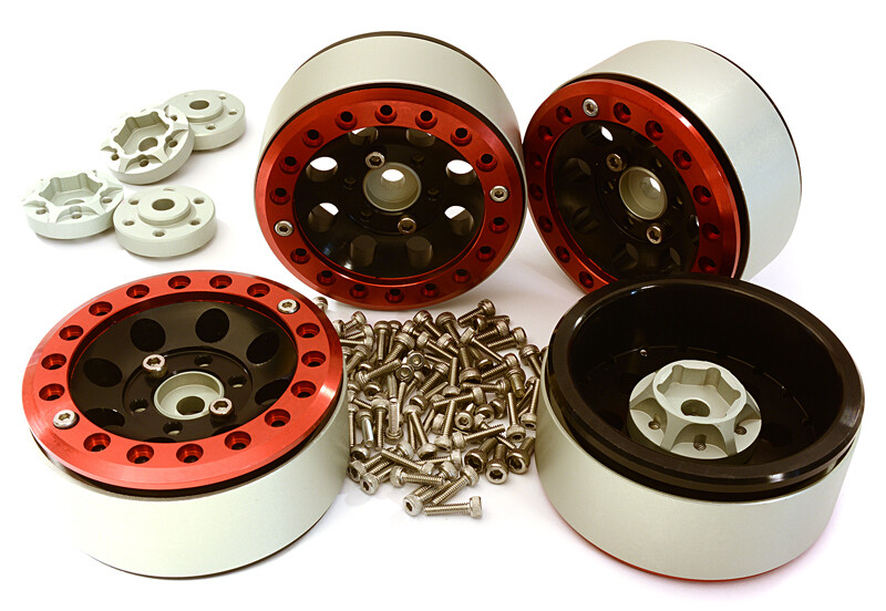 Billet Machined 1.9 8H Spoke Wheels w/ 0 & +3 Adapters, Red/Black - Traxxas TRX-4