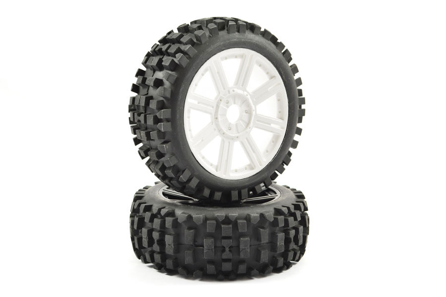 Fastrax Rock Block banden op witte 8-Spaaks velgen voor 1/8 buggy