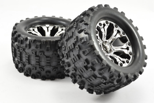 Fastrax Stinger MT banden op chrome 6-spaaks velgen (1/2" offset) - 1/10 Truck