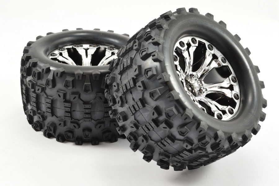 Fastrax Stinger MT banden op chrome 6-spaaks velgen (1/2" offset) - 1/10 Truck