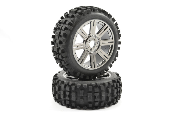 Fastrax Rock Block banden op zwart/chrome 8-Spaaks velgen voor 1/8 buggy