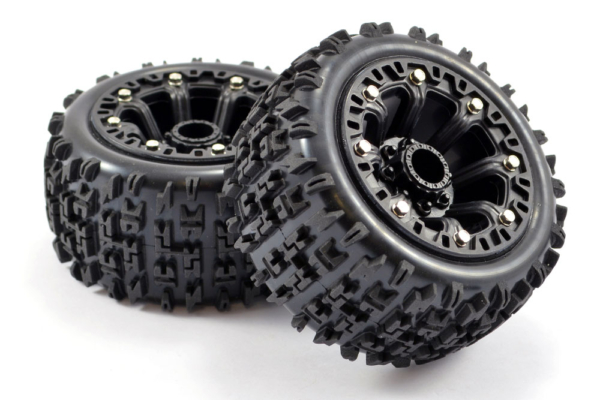 Fastrax Jigsaw banden op zwarte 8-spaaks velgen - 1/16 E-Revo, Summit, Savage XS