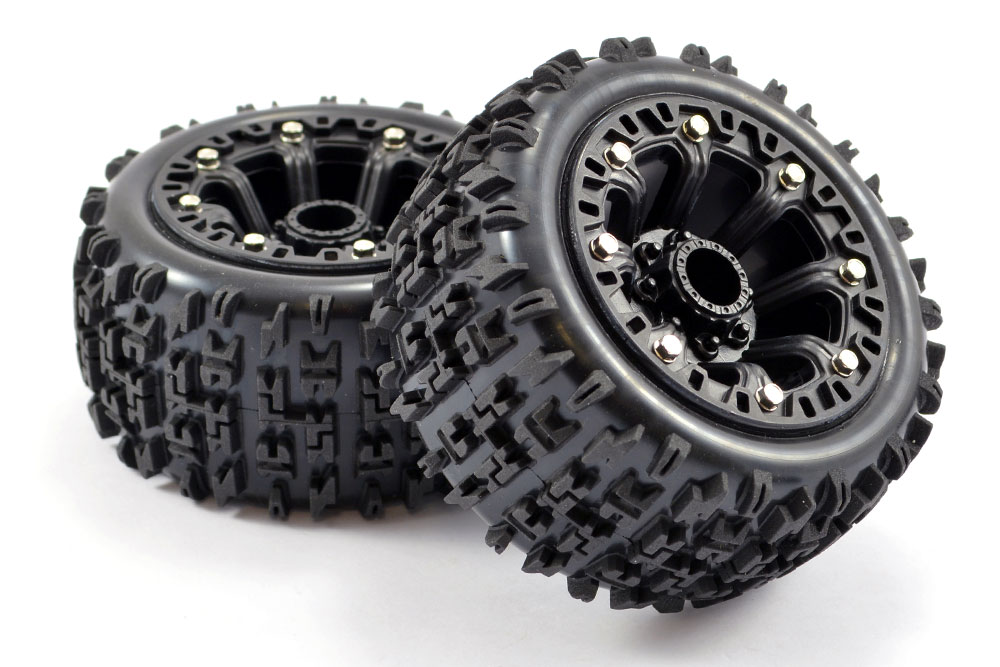 Fastrax Jigsaw banden op zwarte 8-spaaks velgen - 1/16 E-Revo, Summit, Savage XS