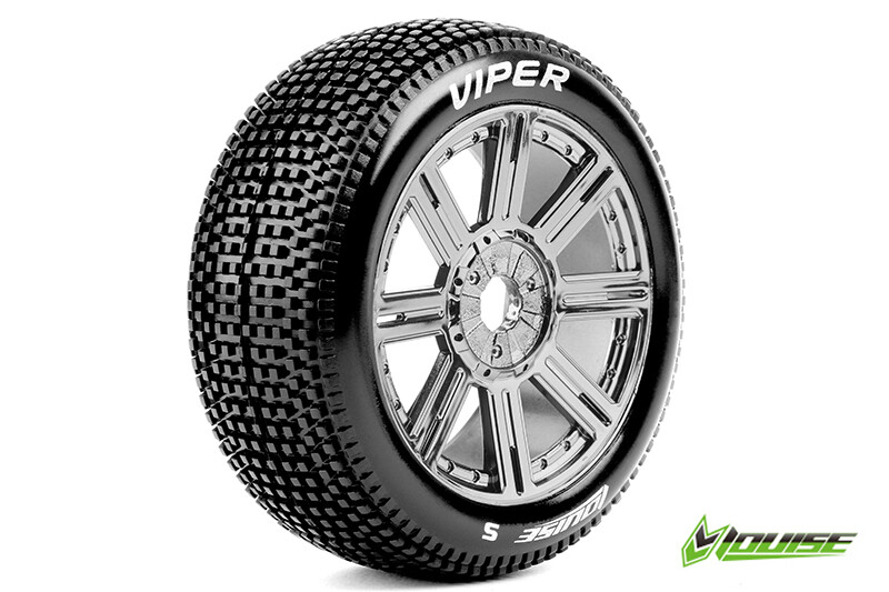 Louise B-VIPER-JA Super Soft banden op black chrome spaakvelgen voor 1/8 buggy