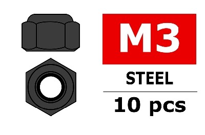 Team Corally - Staal zelfborgende zeskantmoer M3 - Zwart - 10 st (C-31002)