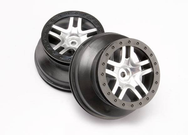 Wheels, sct split-spoke, satin chrome, black beadlock style, dual profile (2.2" outer 3.0" inner) (4wd front/rear, 2wd rear only) (2)