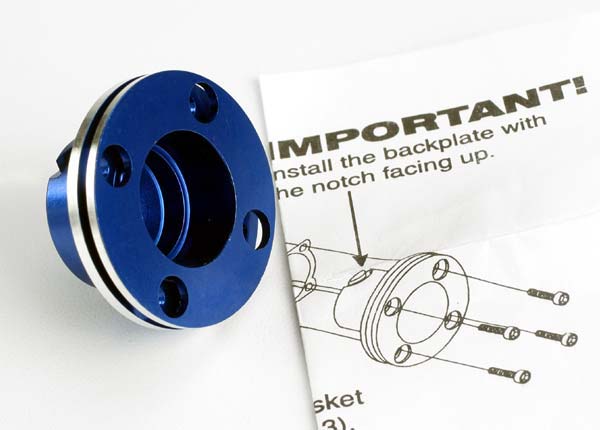 Backplate, machined aluminum (blue-anodized)(requires electric bump starter) (not for use with nitro stampede)