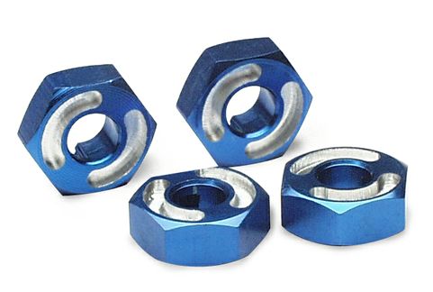 Wheel hubs, hex, 6061-t6 aluminum (blue) (4)/ axle pins (2.5x10mm) (4)