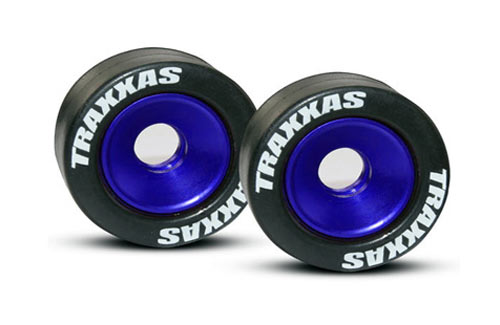 Wheels, aluminum (blue-anodized) (2)/ 5x8mm ball bearings (4)/ axles (2)/ rubber tires (2)