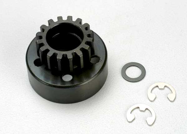 Clutch bell (15-tooth)/5x8x0.5mm fiber washer (2)/ 5mm e-clip (1.0 metric pitch) (TRX-5215)