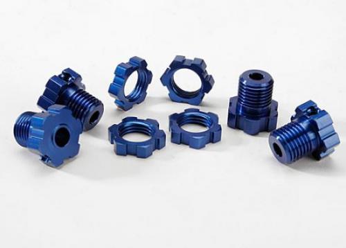 Wheel hubs, splined, 17mm (blue-anodized) (4)/ wheel nuts, splined, 17mm (blue-anodized) (4)/ screw pins, 4x13mm (with threadlock) (4)