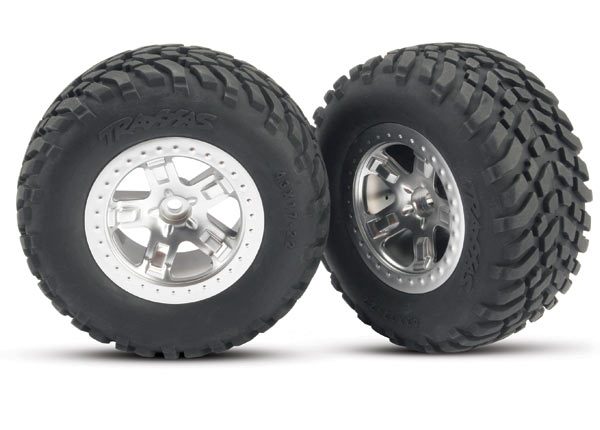 Tires & wheels, assembled, glued (sct satin chrome wheels, (dual profile 2.2" outer, 3.0" inner), sct off-road racing tires, foam inserts) (2) (front)