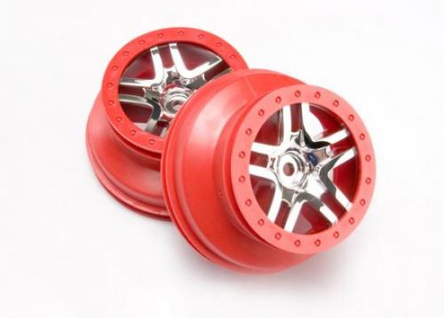 Wheels, sct split-spoke, chrome, red beadlock style, dual profile (2.2" outer 3.0" inner) (4wd front/rear, 2wd rear) (2)