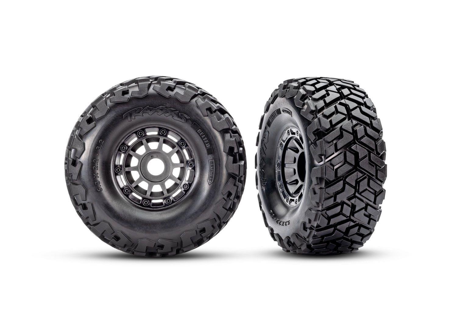 Traxxas - Tires & wheels, assembled, glued, left (1), right (1) (charcoal gray wheels, Maxx Slash belted tires, foam inserts) (17mm splined) (TSM r...