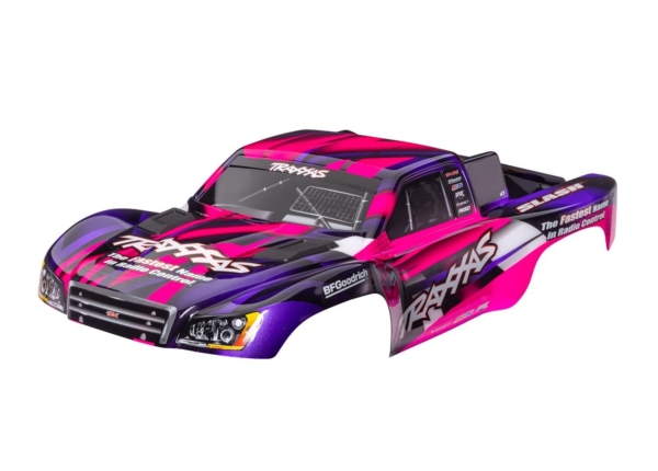 Traxxas - Body, Slash 2WD (also fits Slash VXL & Slash 4X4), pink & purple (painted, decals applied) (assembled with front & rear latches for clipl...