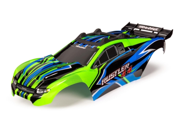 Traxxas - Body, Rustler 4X4, green & blue/ window, grille, lights decal sheet (TRX-6734G)