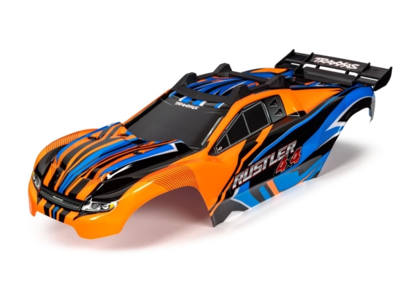 Traxxas - Body, Rustler 4X4, orange & blue/ window, grille, lights decal sheet (TRX-6734T)