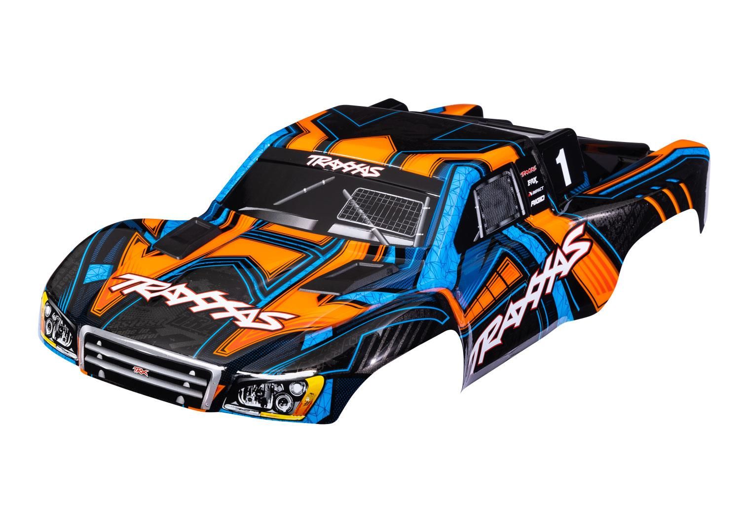 Traxxas - Body, Slash 4X4 (also fits Slash VXL & Slash 2WD), orange and blue (painted, decals applied) (assembled with front & rear latches for cli...